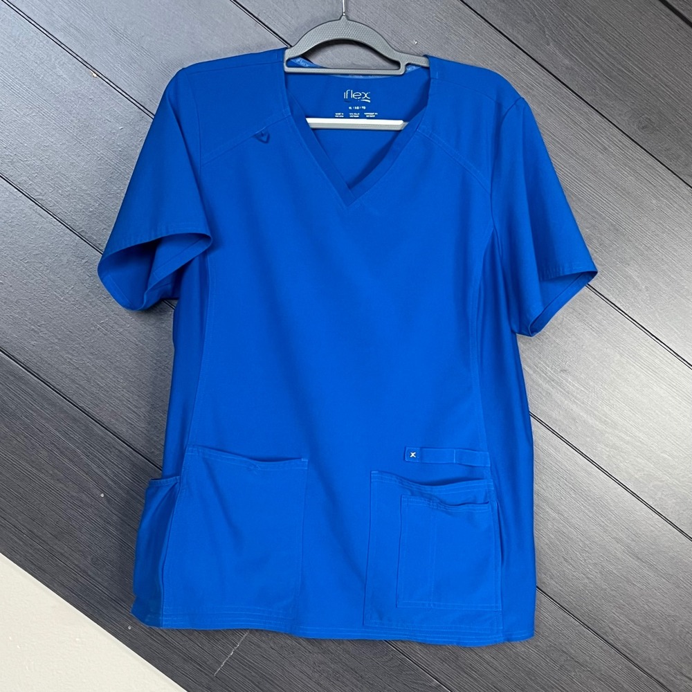 iFlex Women's Scrub Top V Neck Royal Blue XL Stretch Pockets‎